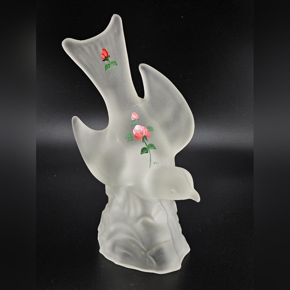 L.E. Smith Frosted Satin Bird Dove Glass Figurine Sculpture Hand Painted Flowers